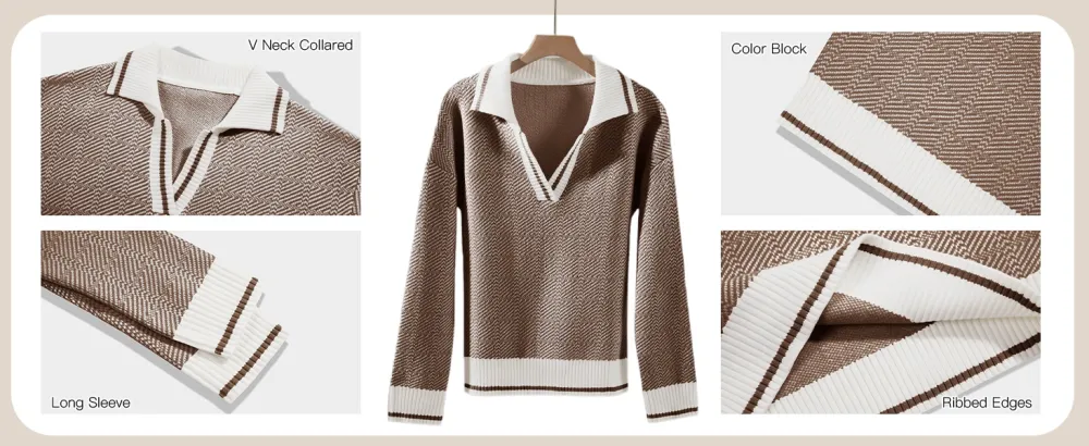 Womens V Neck Knit Sweater Color Block Long Sleeve