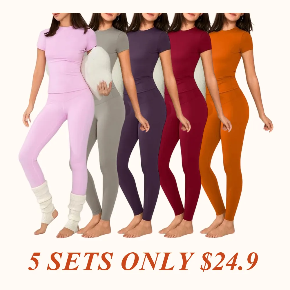 Women's Solid Short Sleeve Tee & Leggings Loungewear, Casual Comfy Round Neck Top & Skinny Pants PJ Set