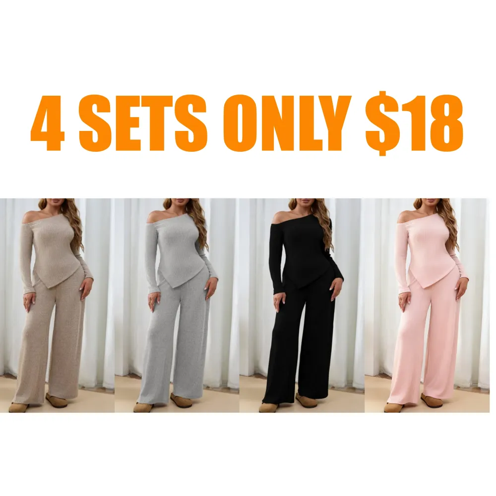 Chic Sherpa Set for Women Asymmetric Shoulder Top & High Waist Wide Leg Pants
