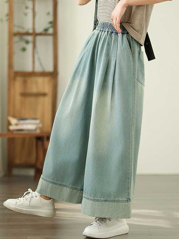 Elasticity Pleated Pockets Loose Wide Leg Trousers Jean Pants Bottoms