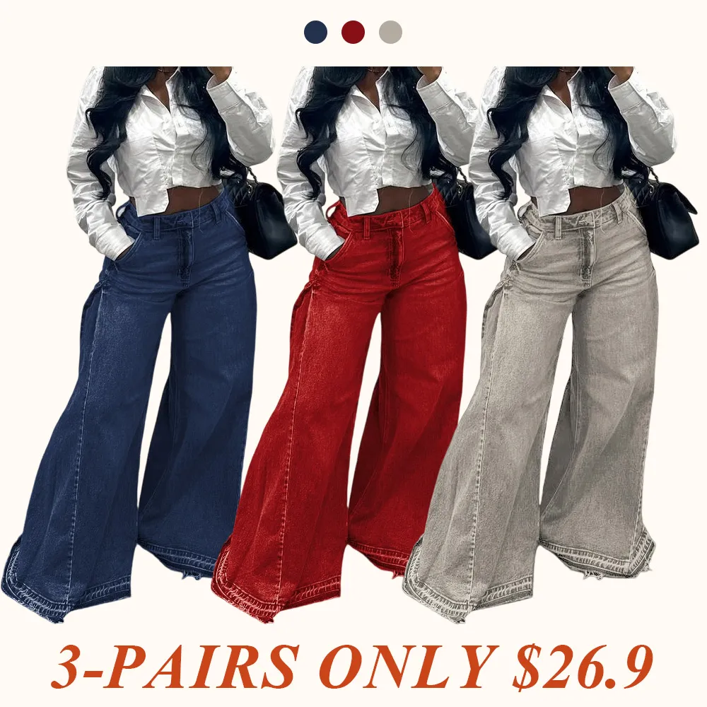 Women Flared Wide Side Loose Jeans High Waist