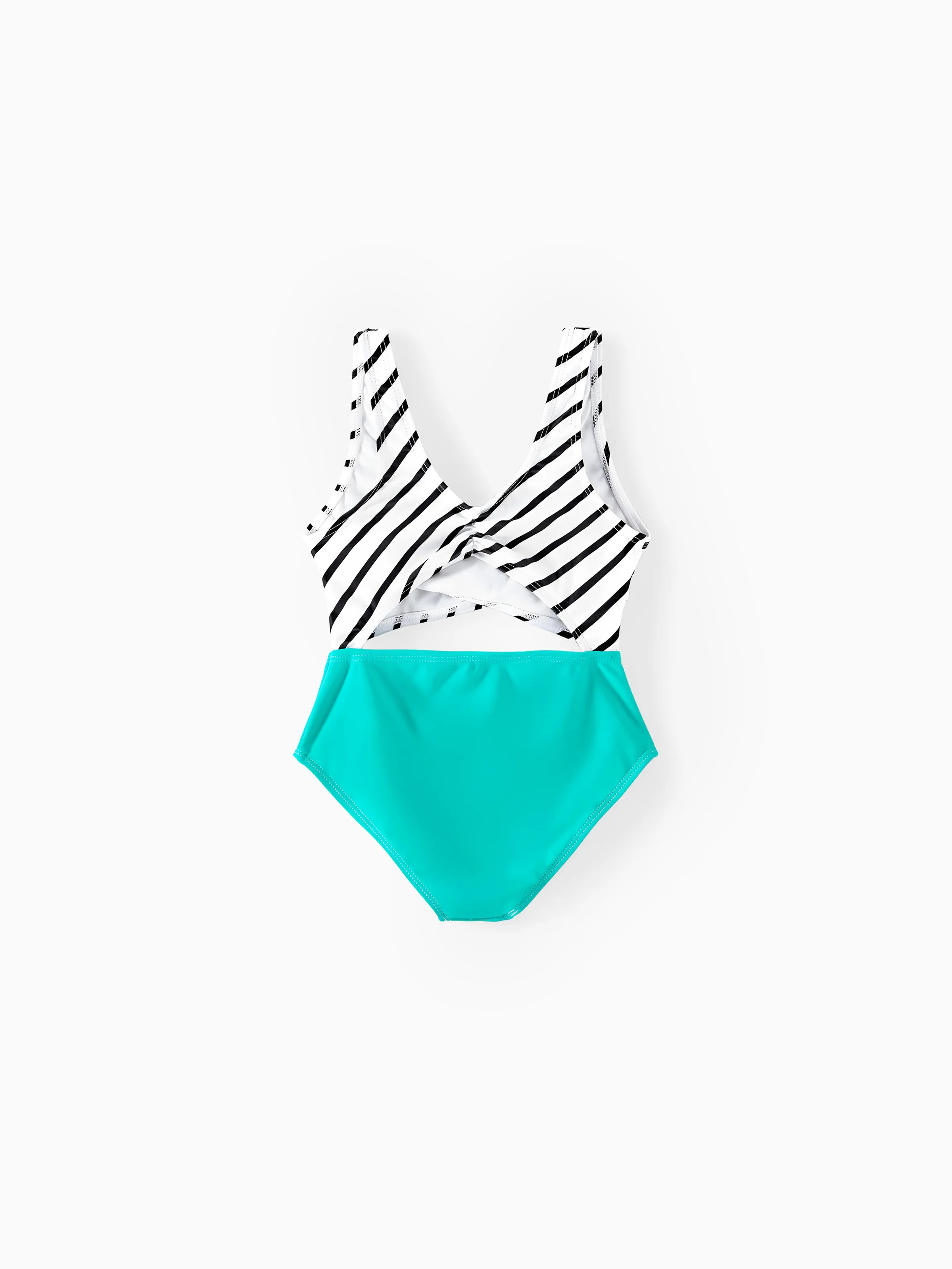 Family Matching Striped Spliced Cut Out One-piece Swimsuit and Colorblock Swim Trunks Green/White
