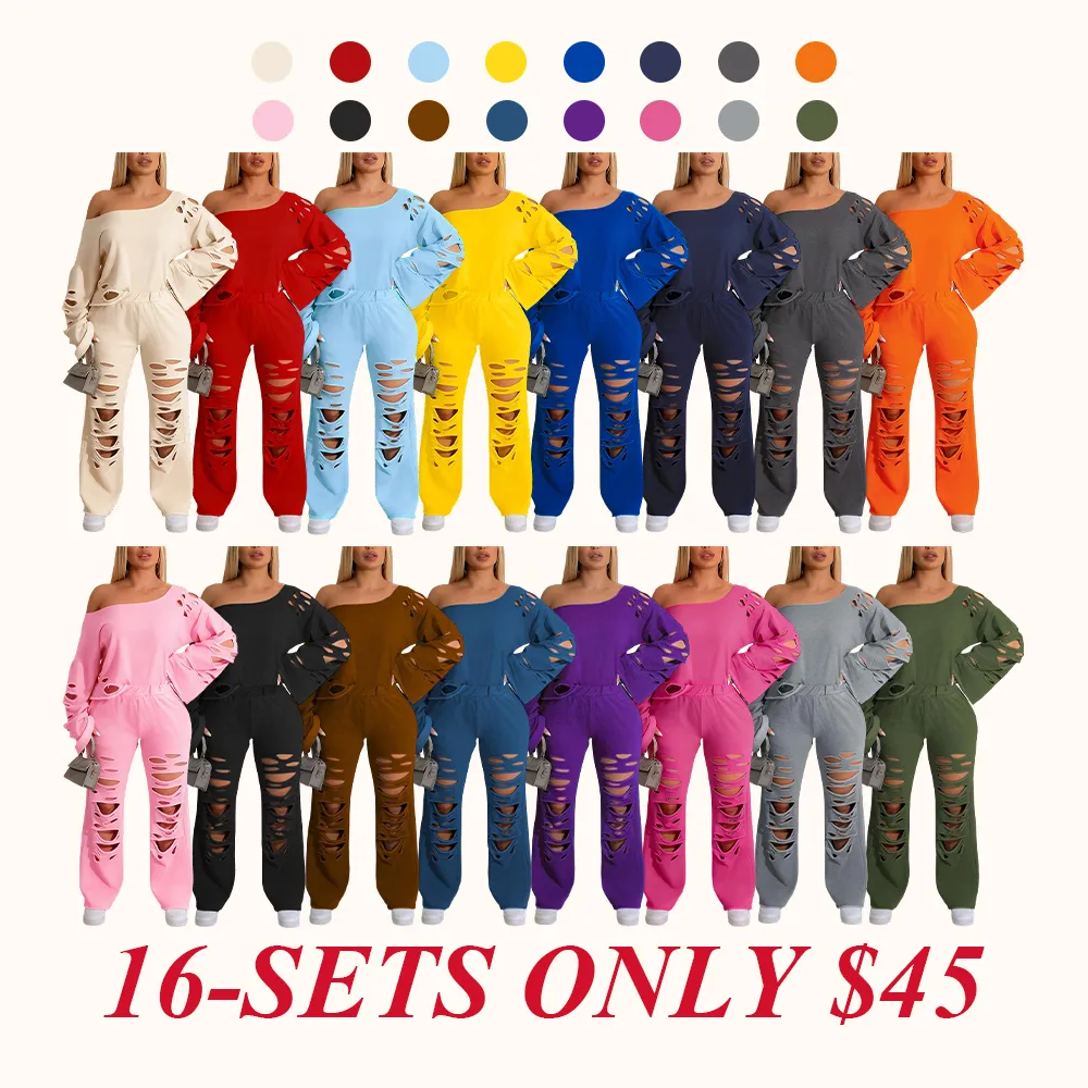 Women's Ripped Asymmetrical Neck Pullover & Wide Leg Pants Set