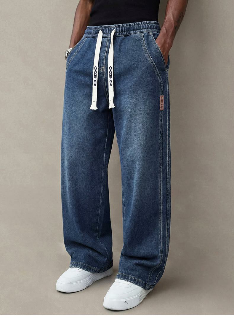 Men's Stretch Denim Jeans – Vintage Washed Straight Leg with Drawstring Waist