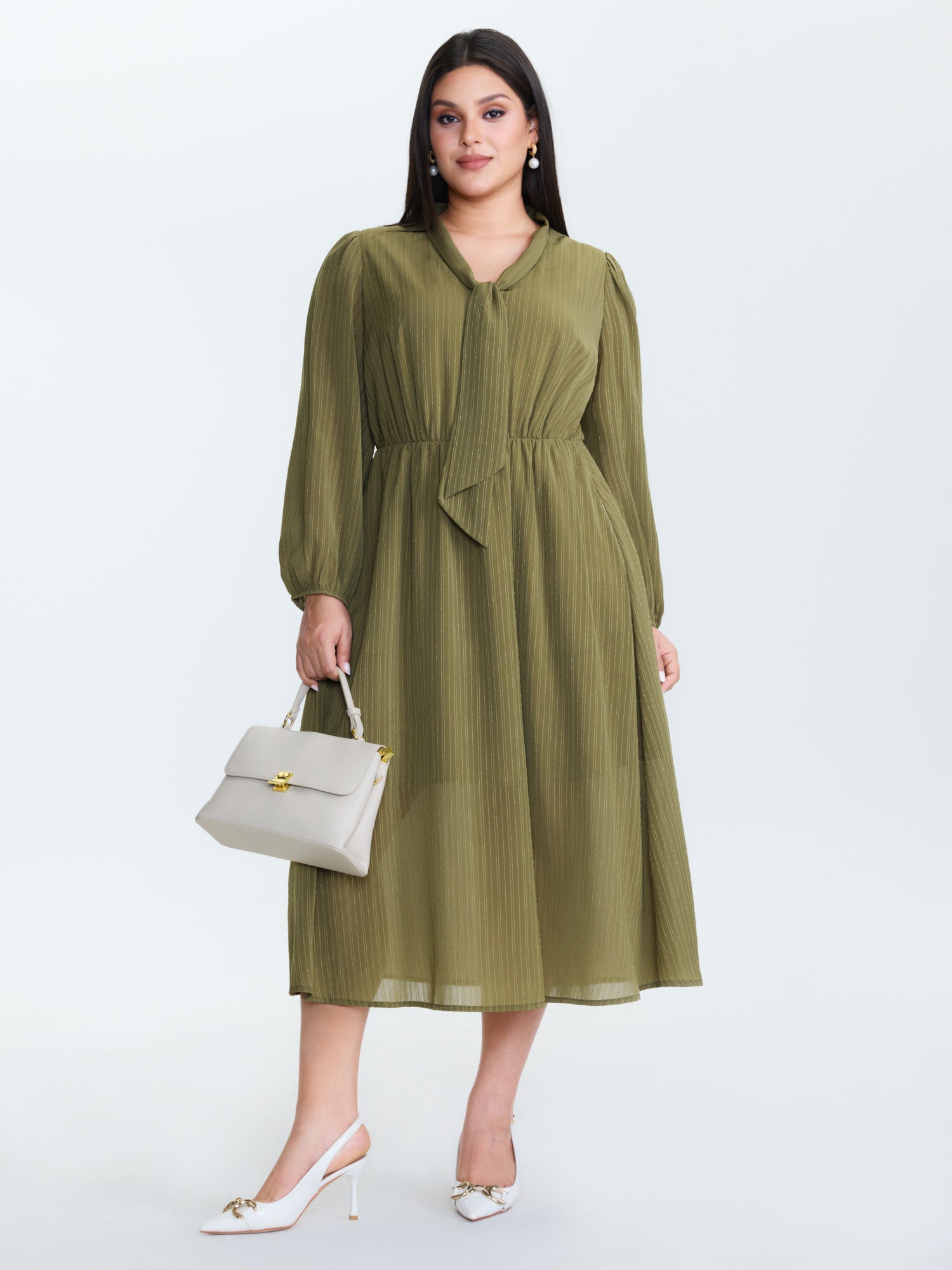 Ribbon Neckline Puffy Sleeve Midi Dress