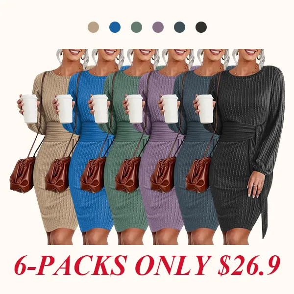 Women's Elegant Knit Dress Long Lantern Sleeve