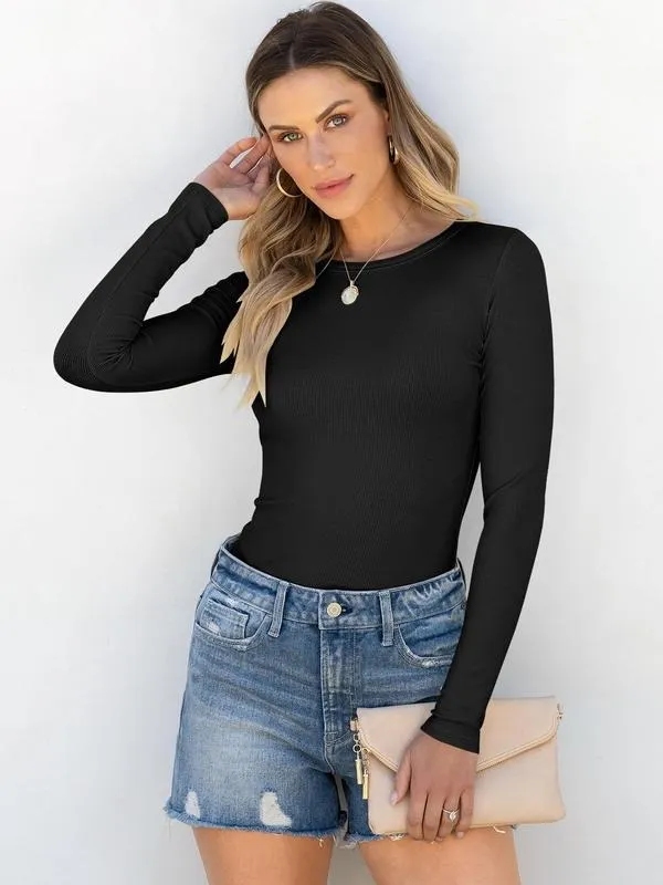 Women's Long-Sleeve Crew Neck Ribbed Knit Slim Fit T-Shirt
