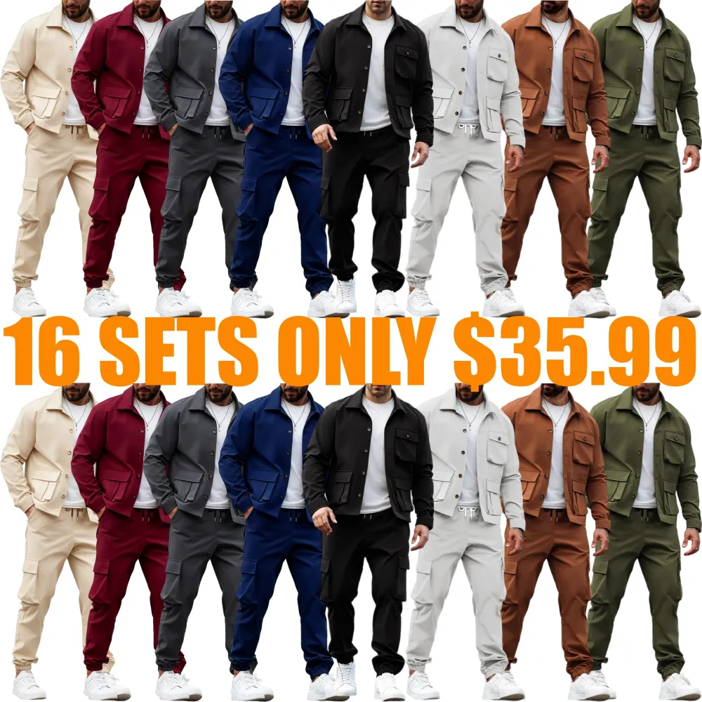 Men's Solid Color Pocket Button Front Jackets & Pants Two-Piece Set