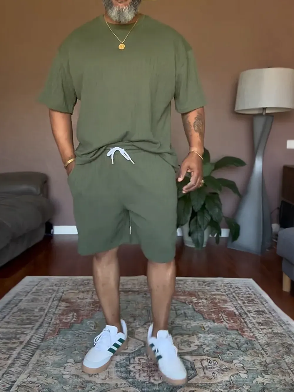 Men'S Solid Color Textured T-Shirt & Pants Set