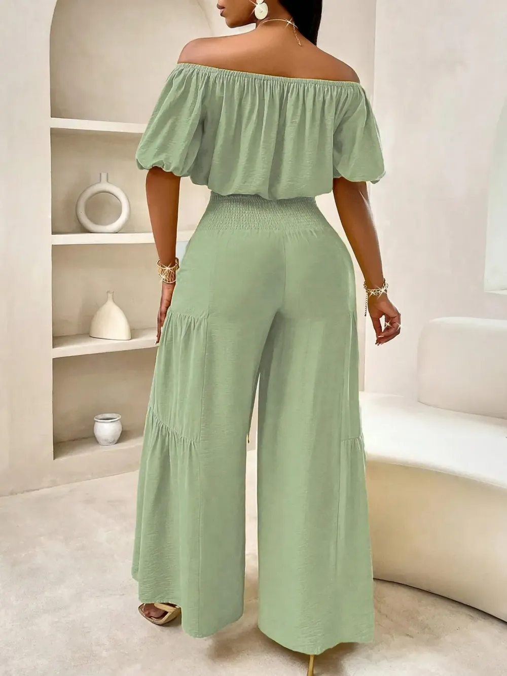Women's Solid Color Top & Wide Leg Pants Set, Casual Off Shoulder Top & Palazzo Pants for Summer