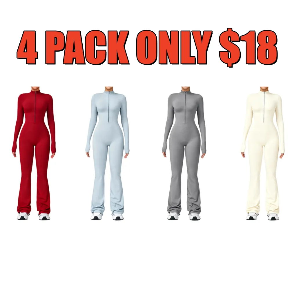 Women's Long Sleeve Flared Sports Jumpsuit - Zipper Jumpsuit