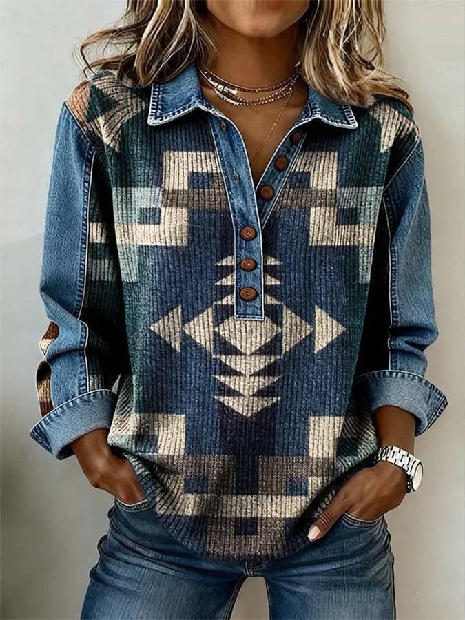 Women'S Casual Color-Block Printed Patchwork Pullover Sweatshirt