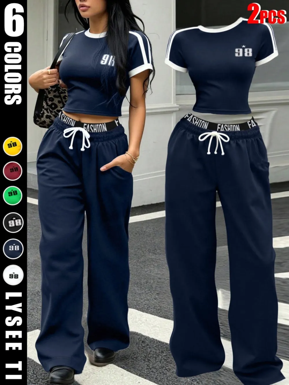 Hot-girl Style Contrast Binding Short Top and Letter Tape Wide Leg Pants, Women's Black & White Two-piece Set