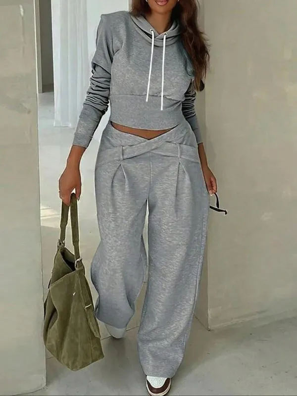 Women's Casual Hooded Sweatshirt Set, Long Sleeve Plain Pullover, Fitted Pants