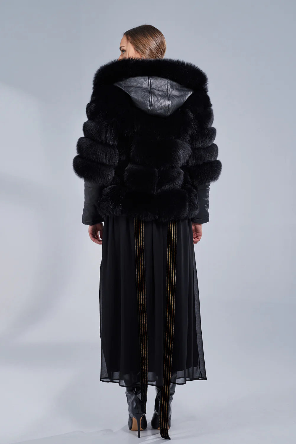 Haină din Blană Naturală de Vulpe, cu Glugă și Mâneci din Piele, Obsidian 251