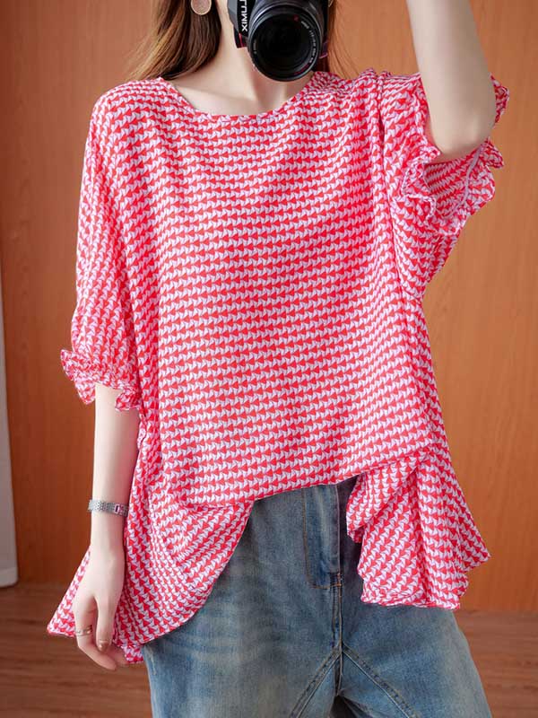 Casual Split-Joint Plaid Round-Neck Batwing Sleeves T-Shirts