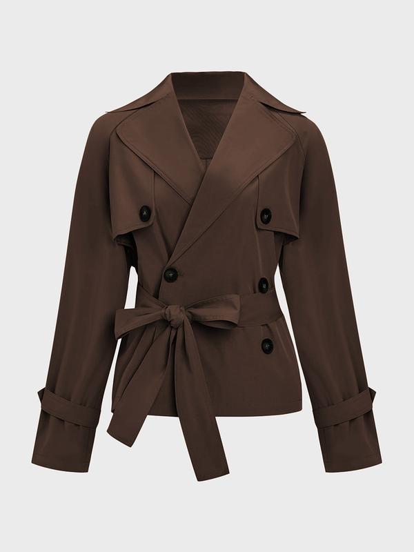 Trendy Solid Color Lapel Double Breasted Long Sleeve Trench Coat, Jackets
