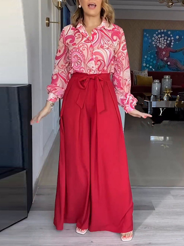 Printed Buttoned Lapel Blouse + Tied Waist High Waisted Wide Leg Pants Two Pieces Set
