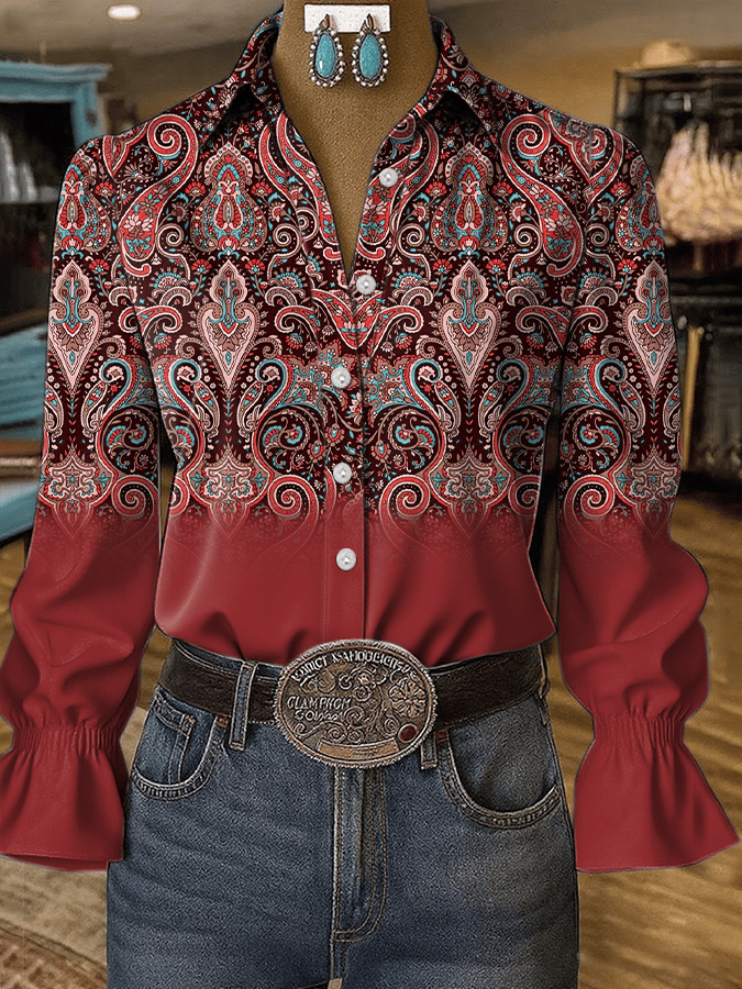 Women's Western Vintage Art Floral Print Shirt