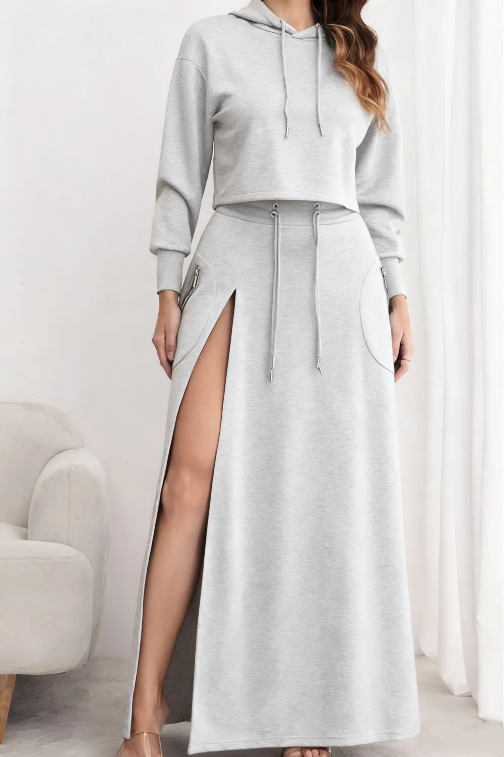 Women's Solid Drawstring Hoodie & Split Thigh Skirt Set