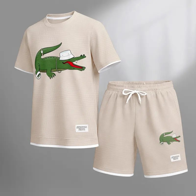 Men's Waffle Knit Two-Piece Set – Breathable Short Sleeve & Drawstring Shorts