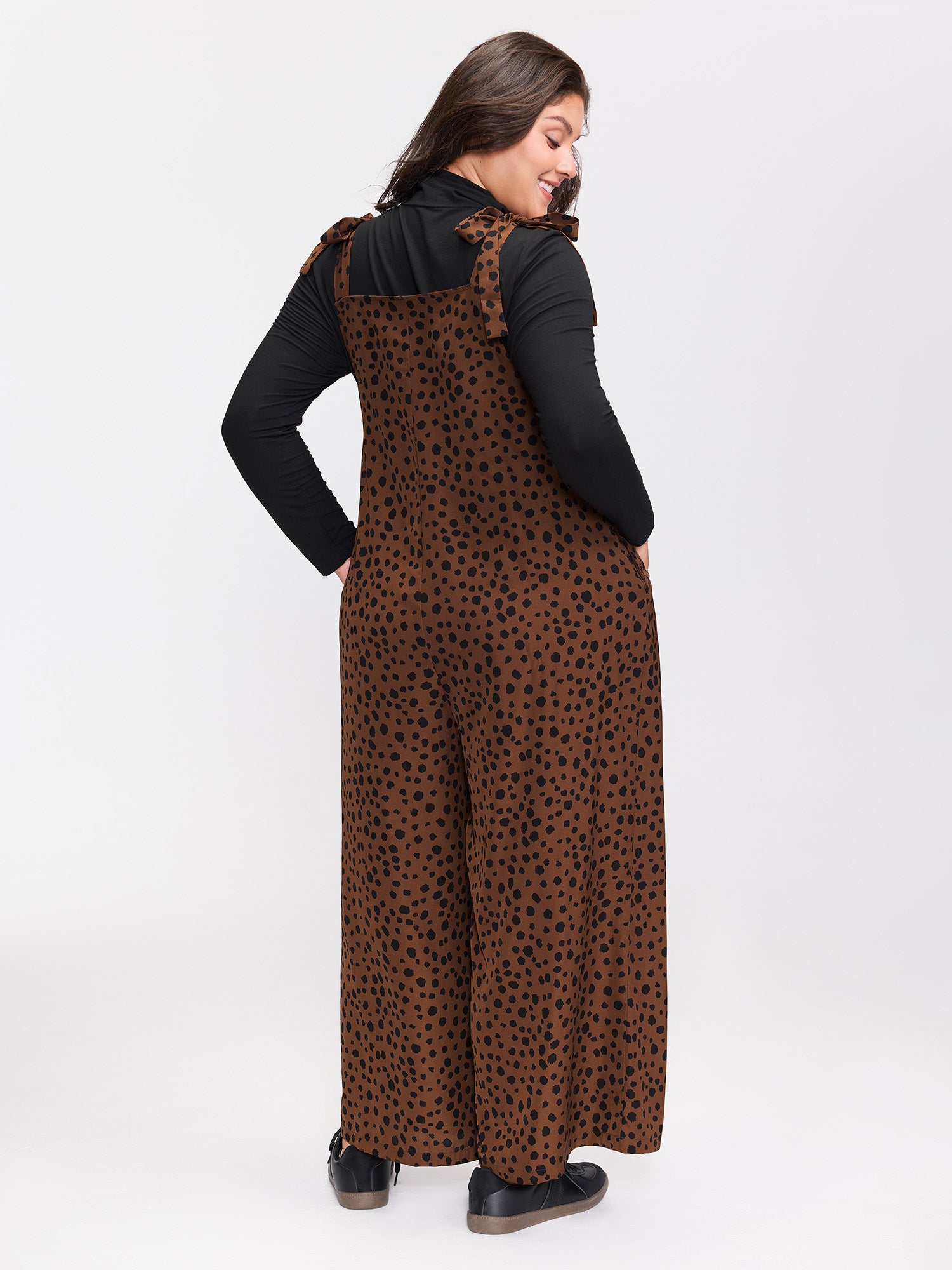 Leopard Print Pockets Shoulder Ties Jumpsuit