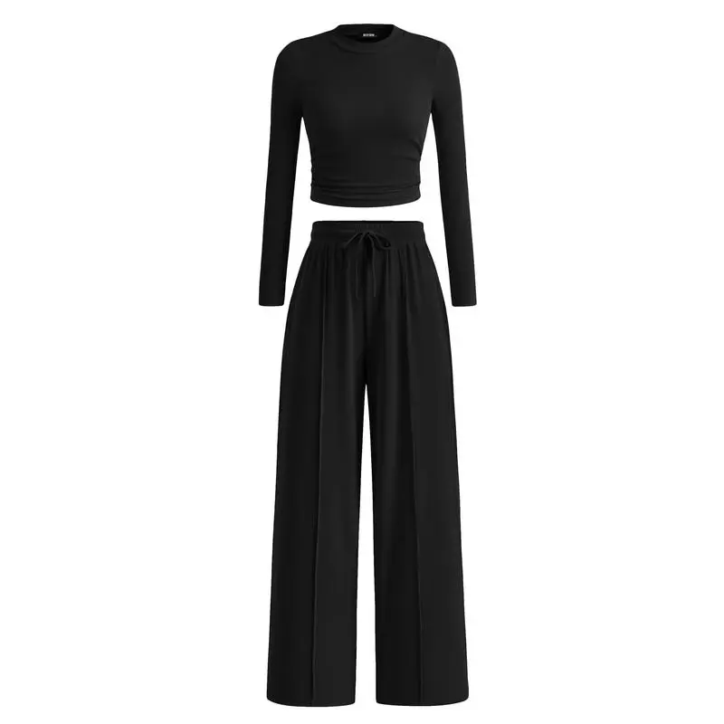 Ribbed Knit Long Sleeve Crop Top Wide Leg Pants