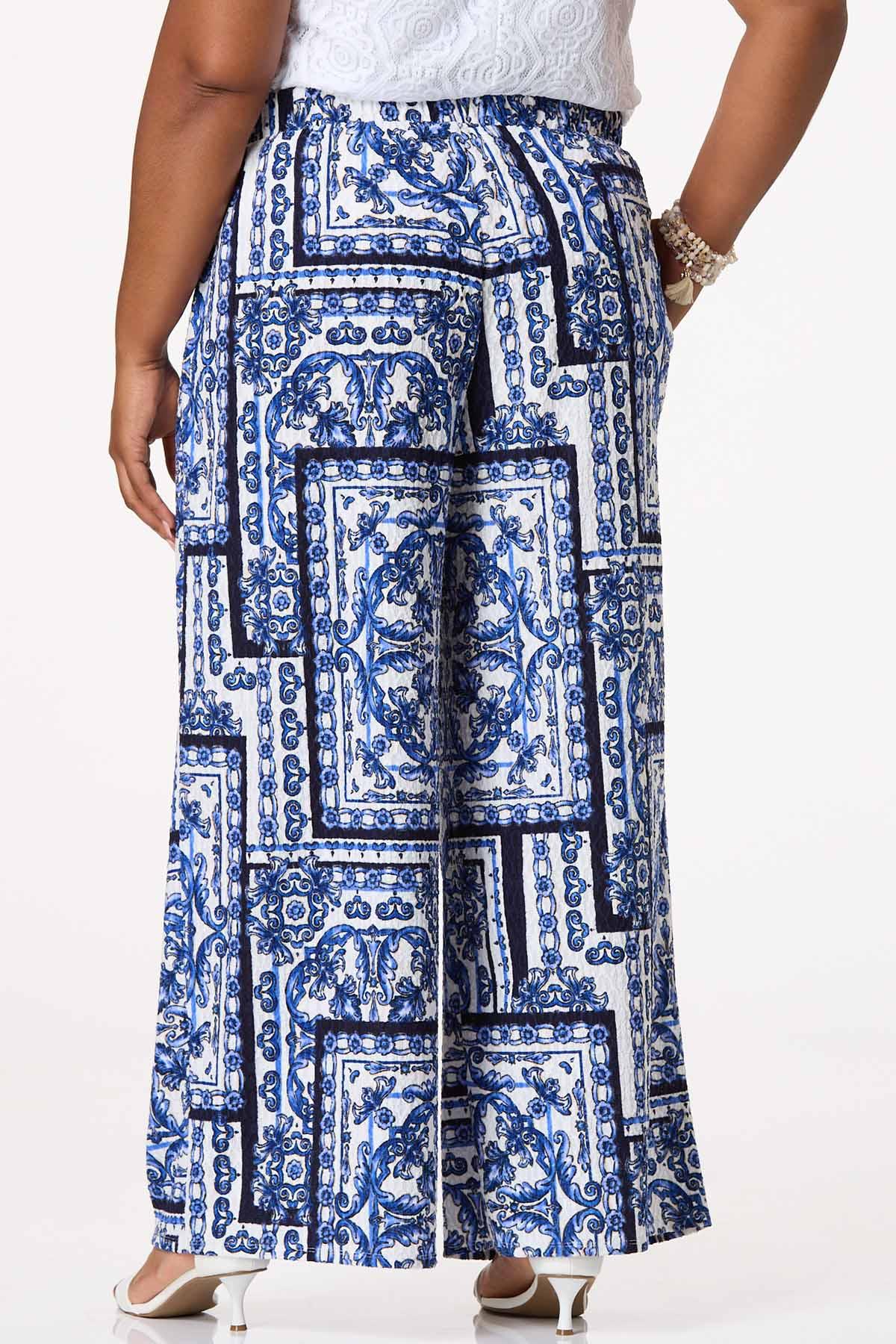 Plus Size Textured Blue Floral Pants