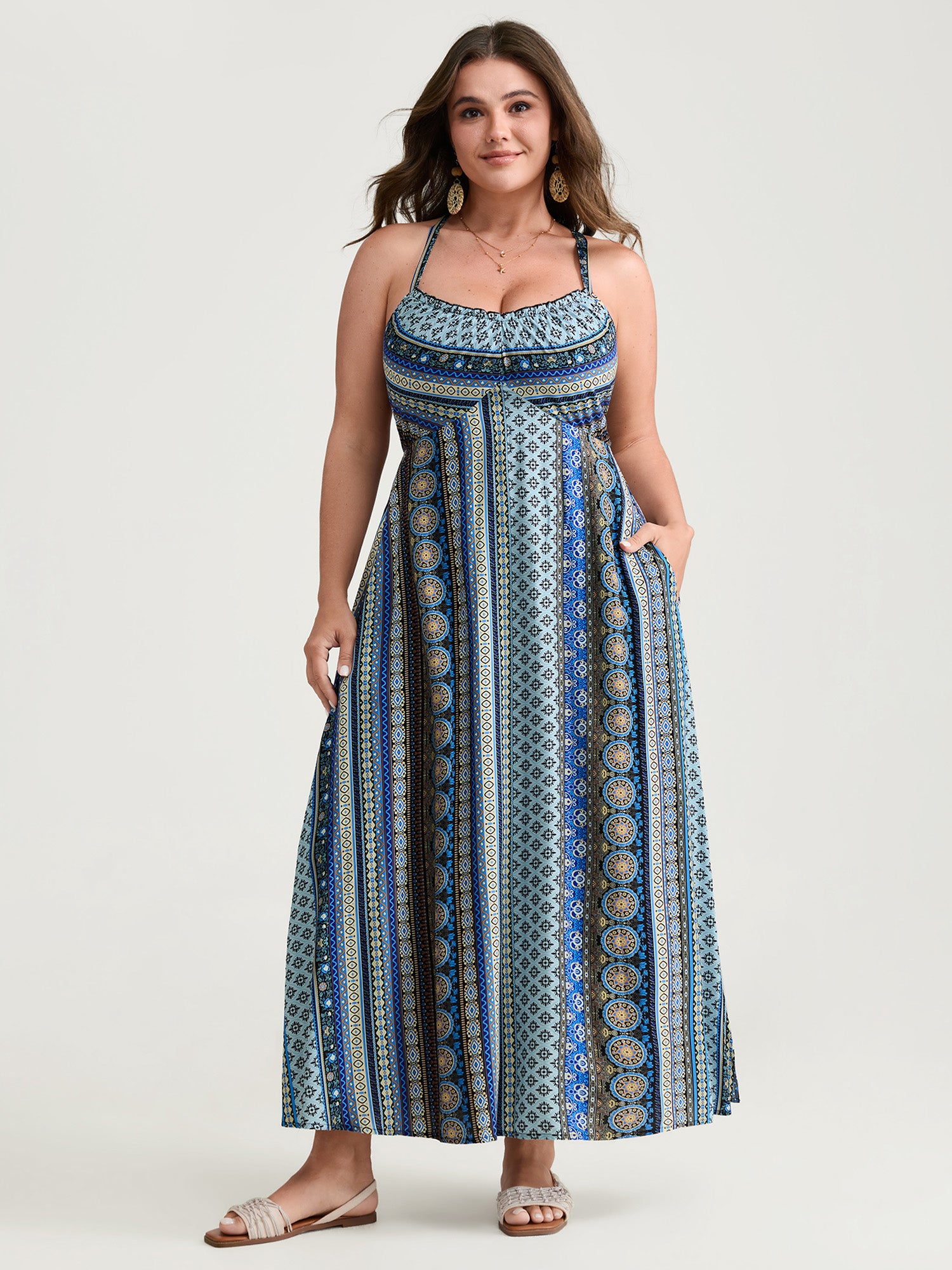 Boho Stripe Rayon Pockets Cami Maxi Dress