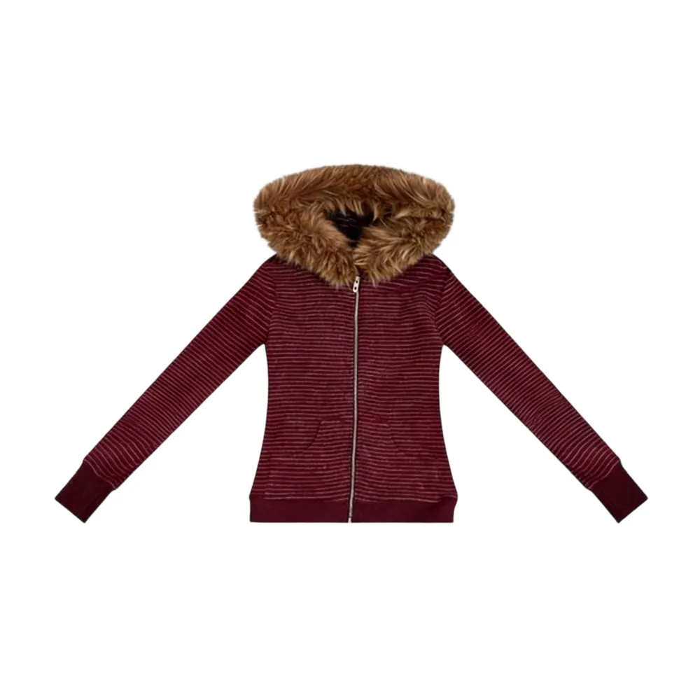 Women’s Striped Fur Collar Zip Hoodie