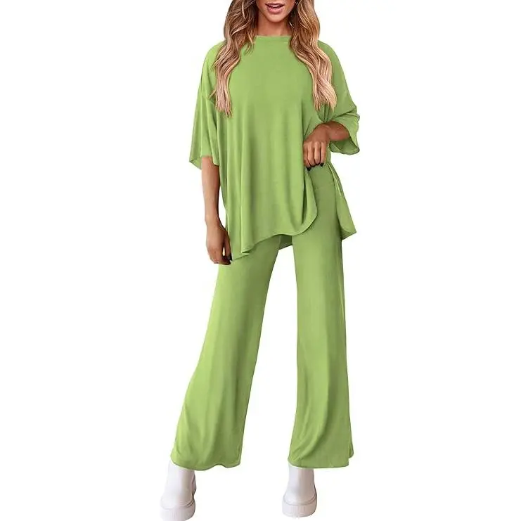 Women's 2-Piece Outfits Short Sleeve Pullover Tops Split Hem Wide Leg Pants Lounge Sets