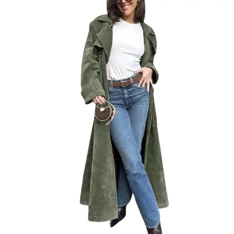 Women's faux suede long trench coat