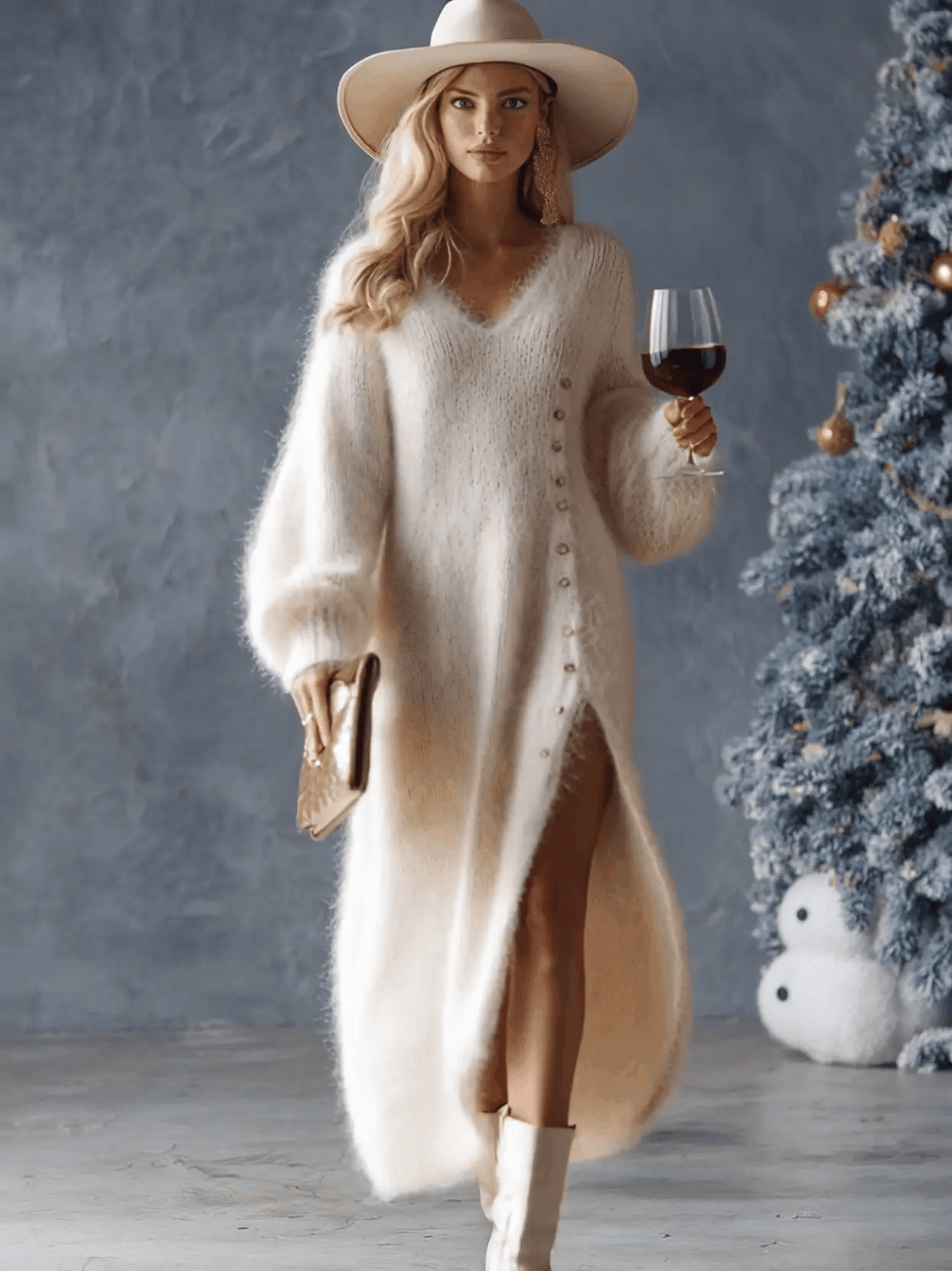 Comfortable Lazy Exquisite V-neck Metal Button White Imitation Rabbit Fur Knitted Side Slit Midi Dress