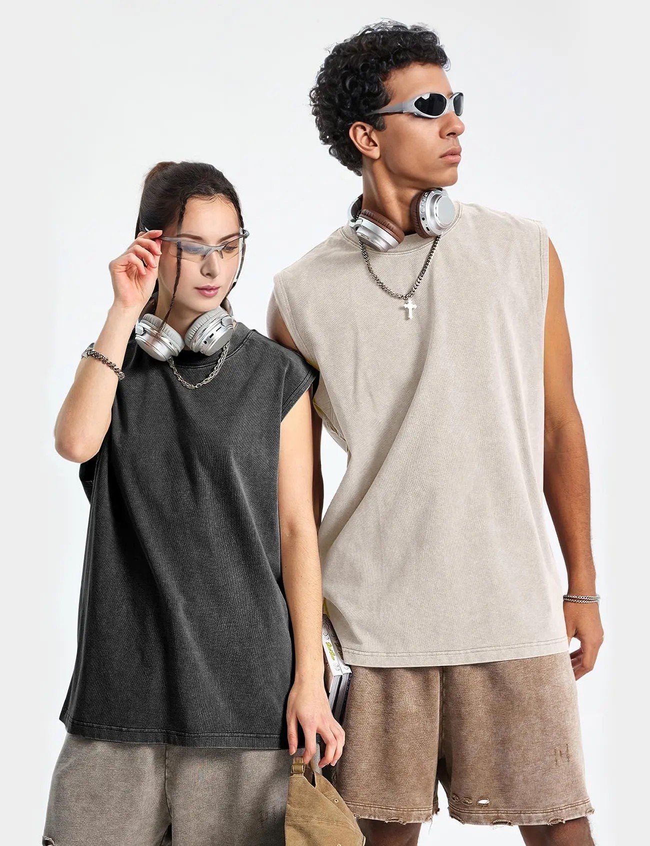 Men's Cotton Sleeveless Muscle Tank Tops Vintage Acid Wash Cutoff Loose Workout Tee Shirts