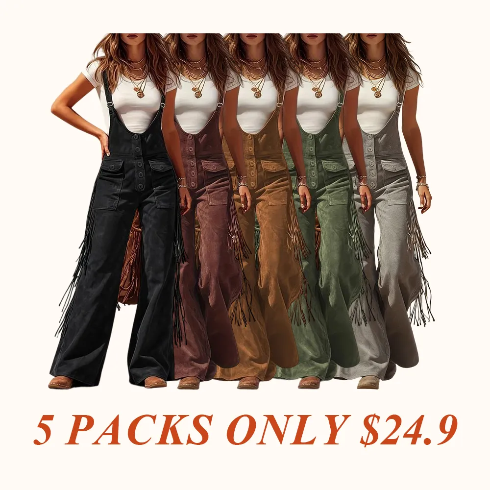 Women's Retro Faux Suede Fringe Wide-Leg Cargo Pants