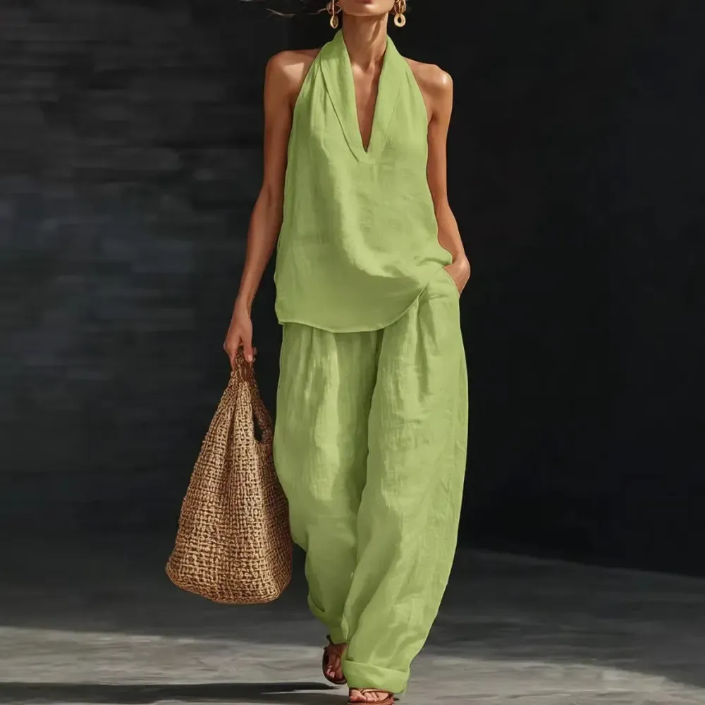 Two Piece Set - Perfect for Beach, Vacation & Brunch! Halter Neck Sleeveless Top Wide Leg Pants Set