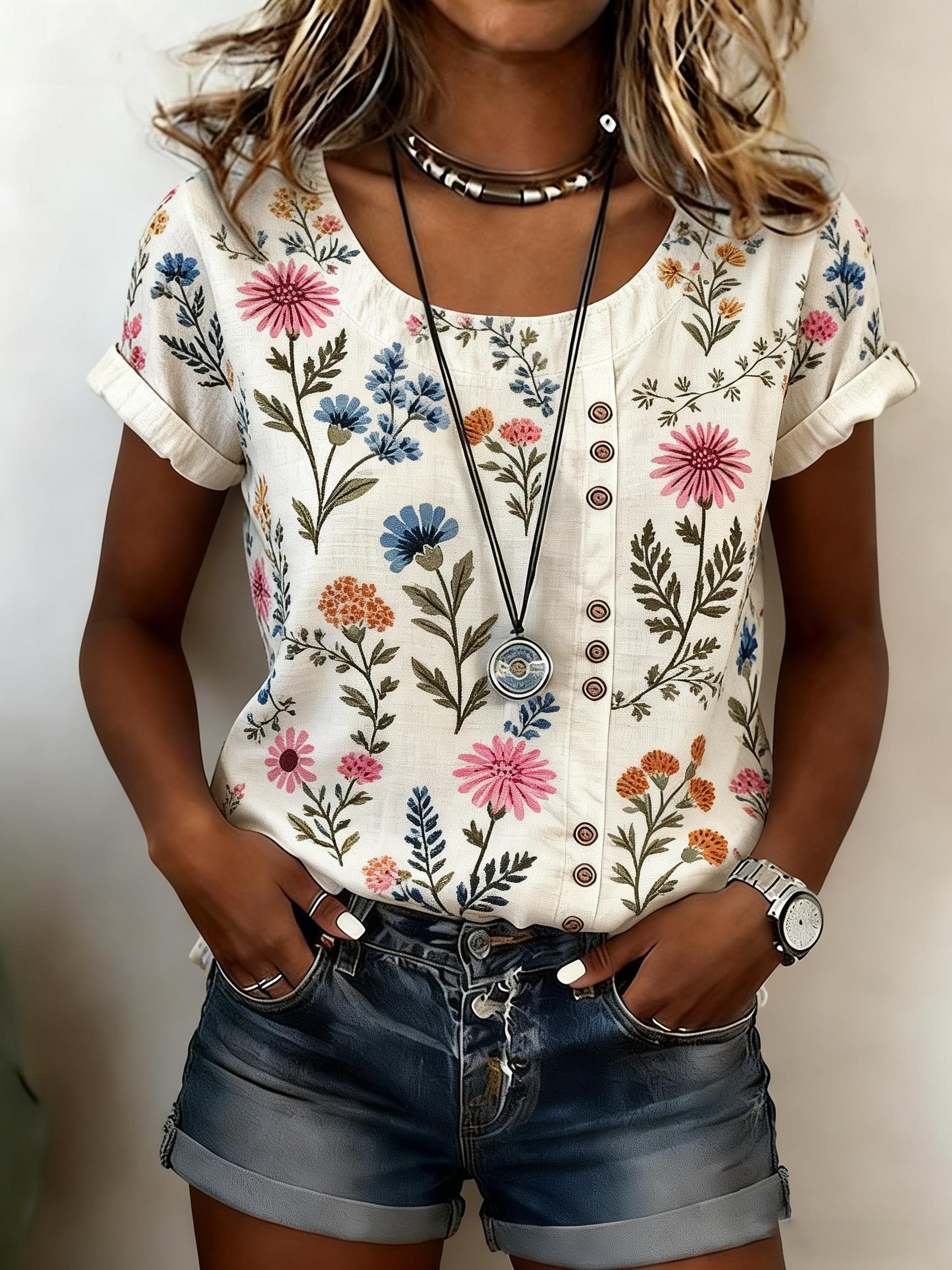 Women's Casual Retro Cotton Linen Floral Top- Fast Shipping