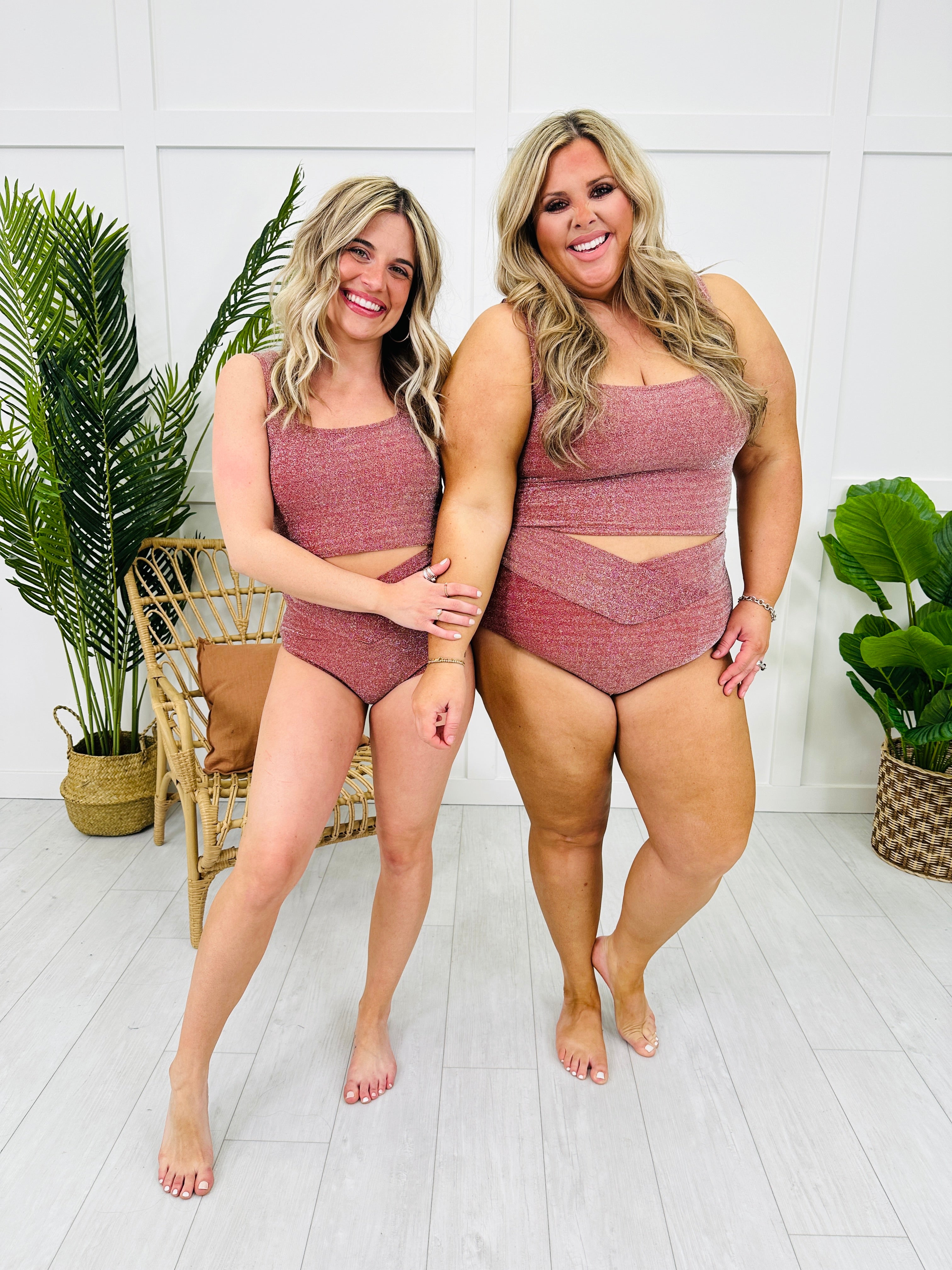 High Waisted V-Cut Swim Bottoms in Cranberry Shimmer