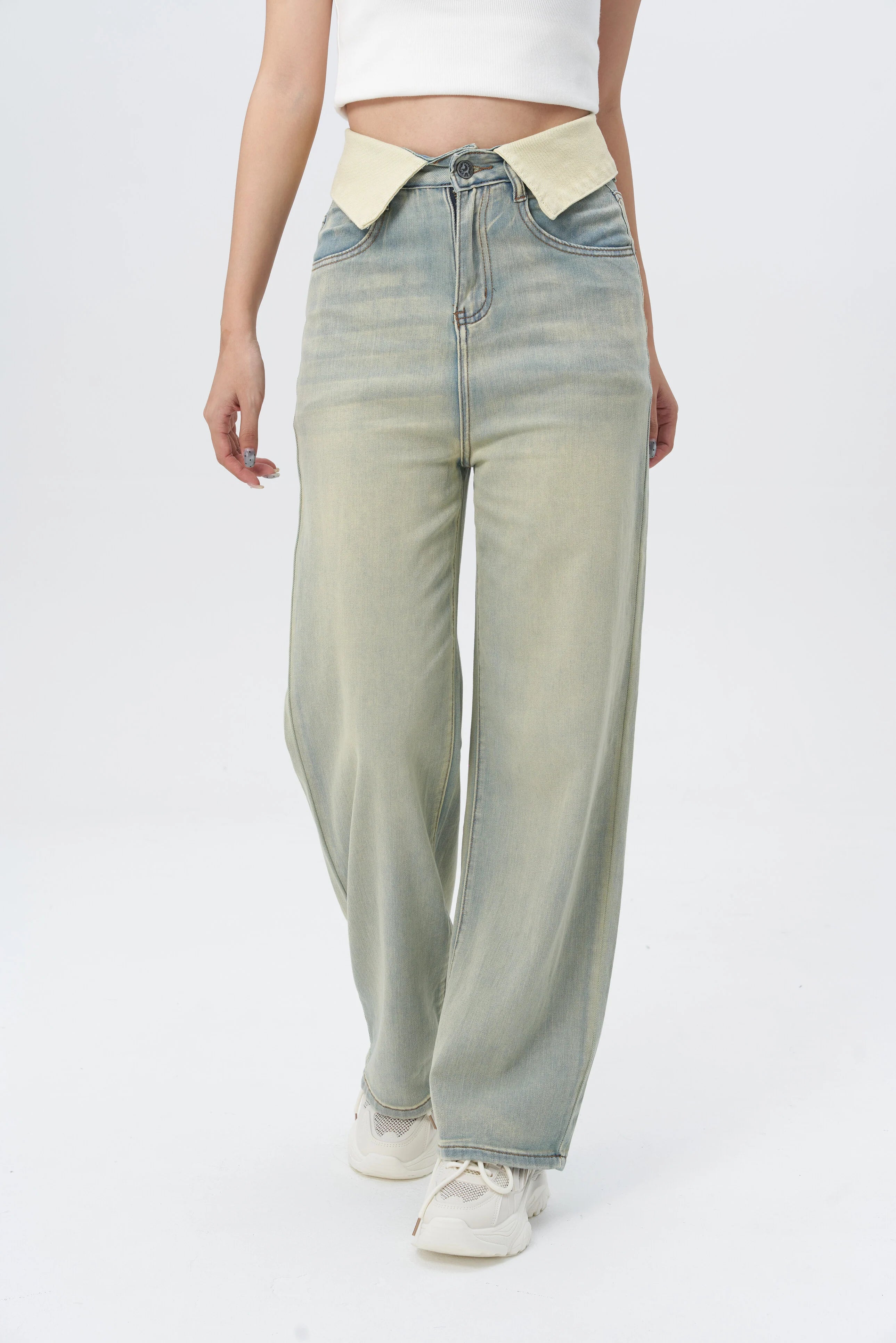 Fold Over Fade Straight Leg Jeans