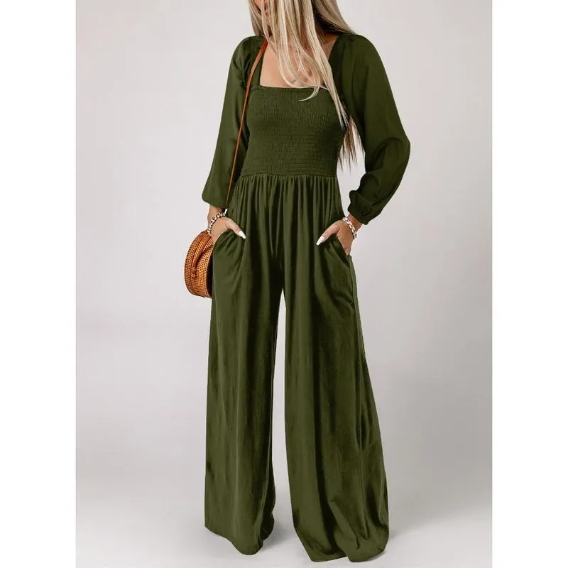 Women's Casual Loose Overalls Jumpsuits One Piece Long Sleeve Wide Leg Long Pant Rompers With Pockets