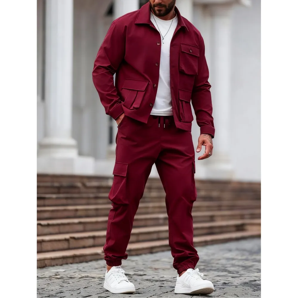 Men's Solid Color Pocket Button Front Jackets & Pants Two-Piece Set