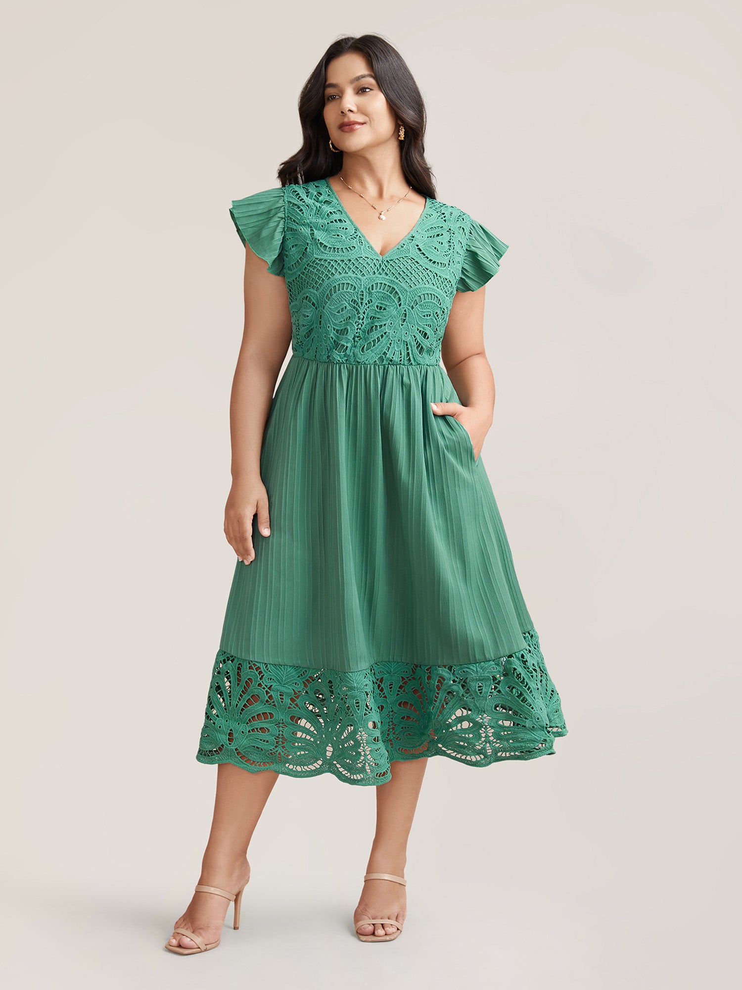 Lace Cut-Out Flutter Sleeve Midi Dress