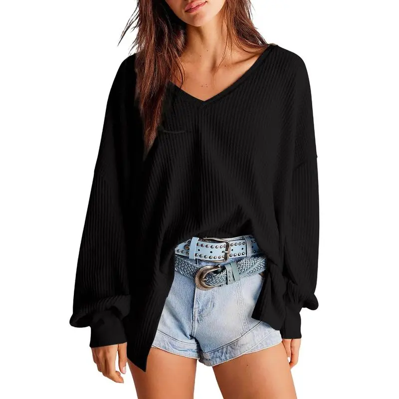 Women's Waffle Knit V-Neck Oversized Sweater