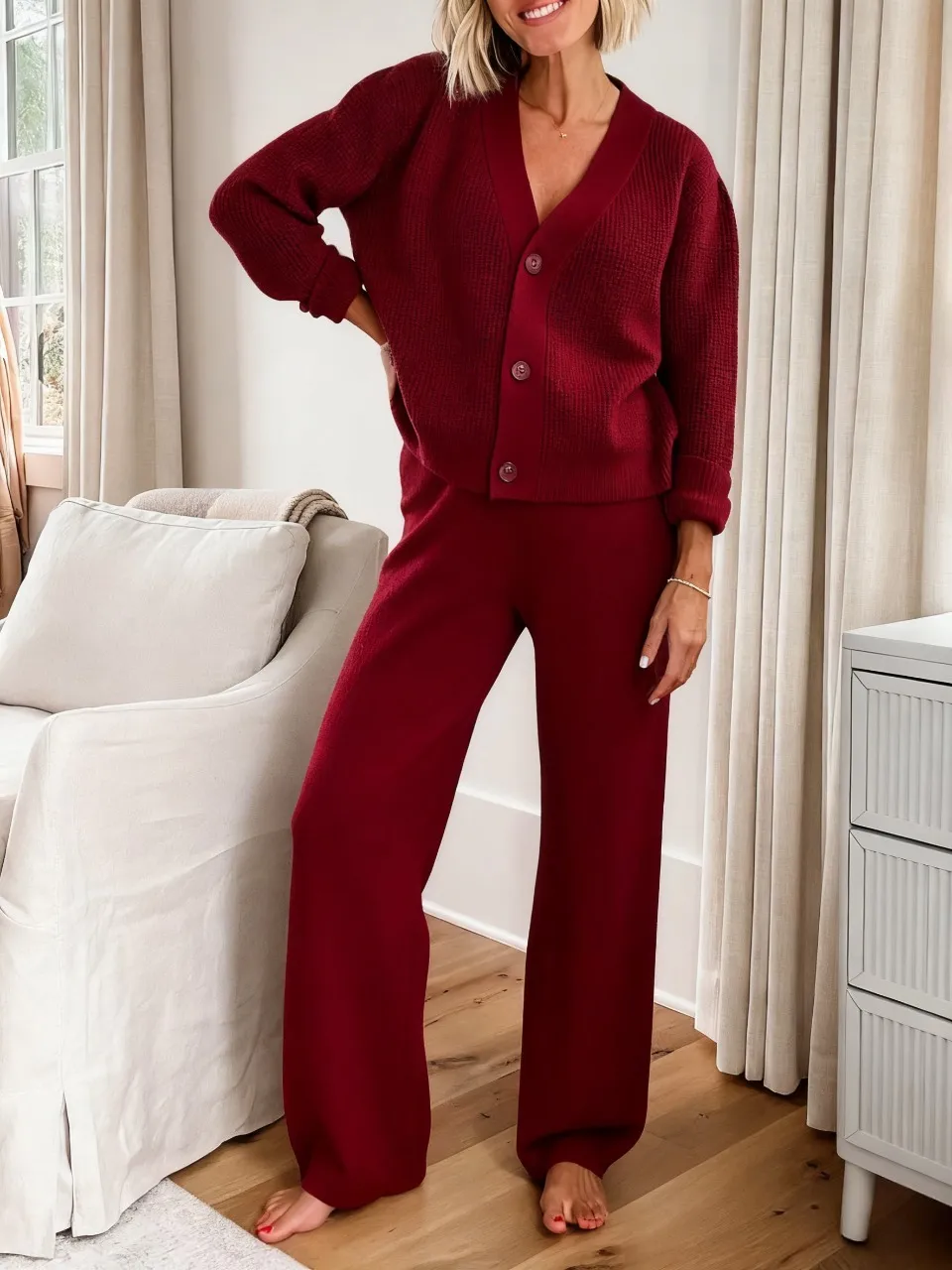Last day discount- 50% OFF Solid Textured Knit Button Cardigan & Pants Set