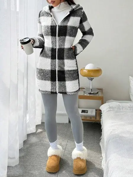 Women's Plaid Fleece Long Sleeve Hooded Coat