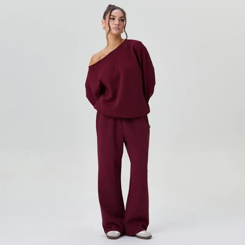 🔥Last Day 89% OFF🔥Women's Leisure Solid Color Sloping Shoulder Long Sleeve Top & Wide Leg Trousers Set