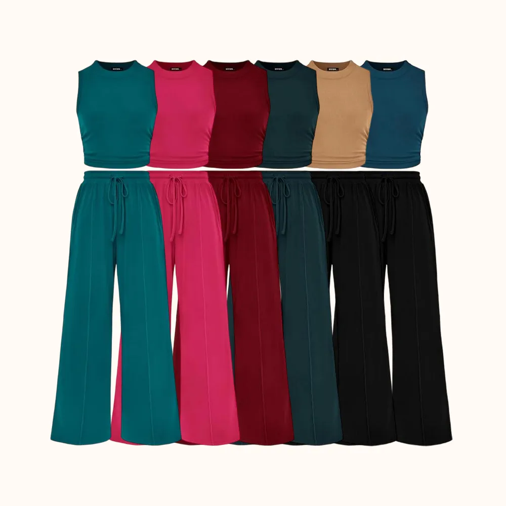 Women's Summer 2-Piece Outfits - Ribbed Knit Crew Neck Sleeveless Cropped Top & Wide Leg Pants Lounge Set