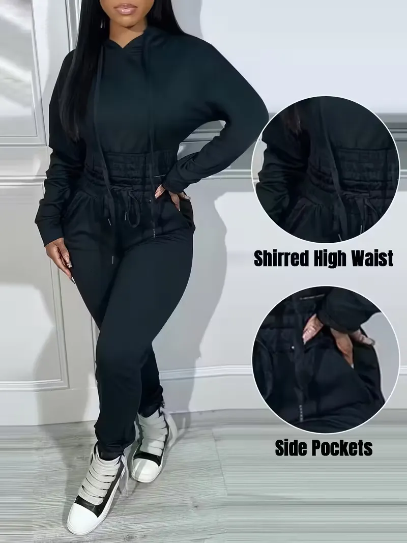 Womens 2 Piece Outfits Lounge Hoodie Shirred Waist Pocket Design Sweatshirt