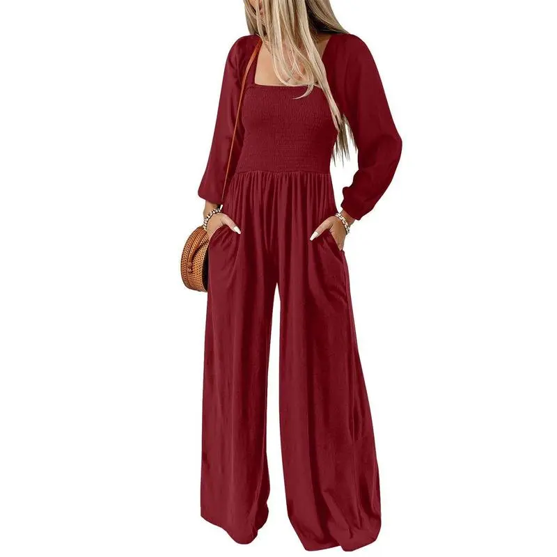 Women's Casual Loose Overalls Jumpsuits One Piece Long Sleeve Wide Leg Long Pant Rompers With Pockets