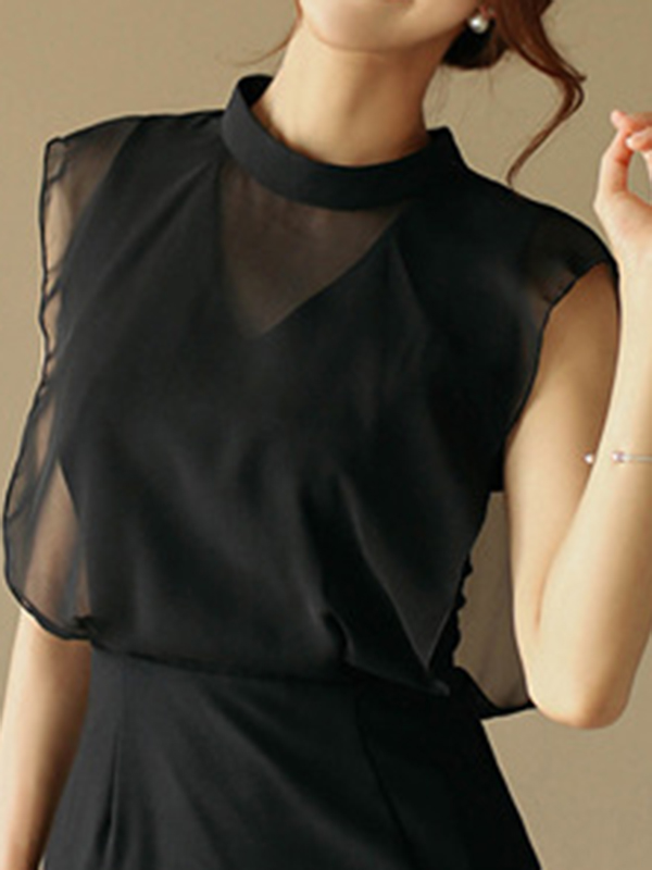 Gauze Hollow See-Through Split-Joint Zipper Loose Sleeveless Stand Collar Midi Dresses Evening Dresses